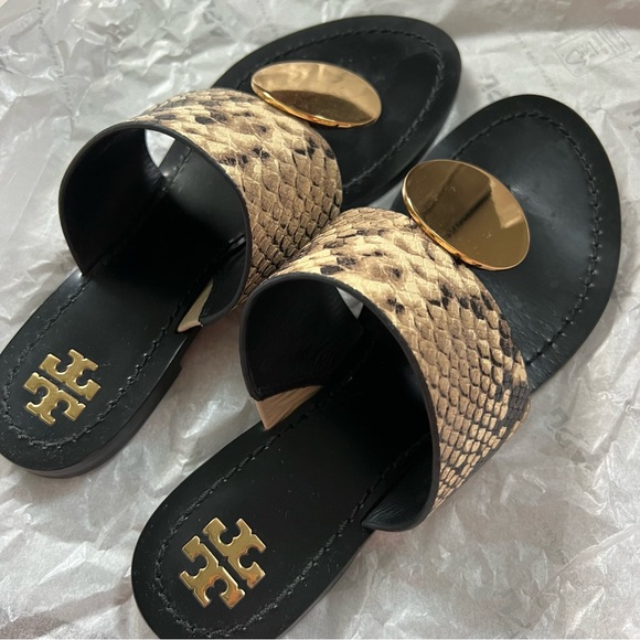 🍉Tory Burch Patos Disk Leather Sandal Desert Roccia Black Snake Embossed - Picture 8 of 8